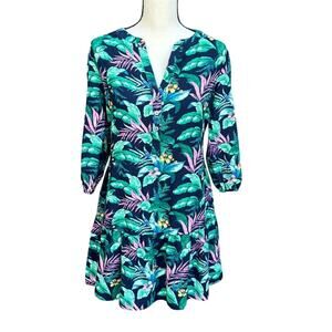 LOFT Palm Henley Flounce Shirtdress Small Green Tropical Belted 3/4 Sleeve